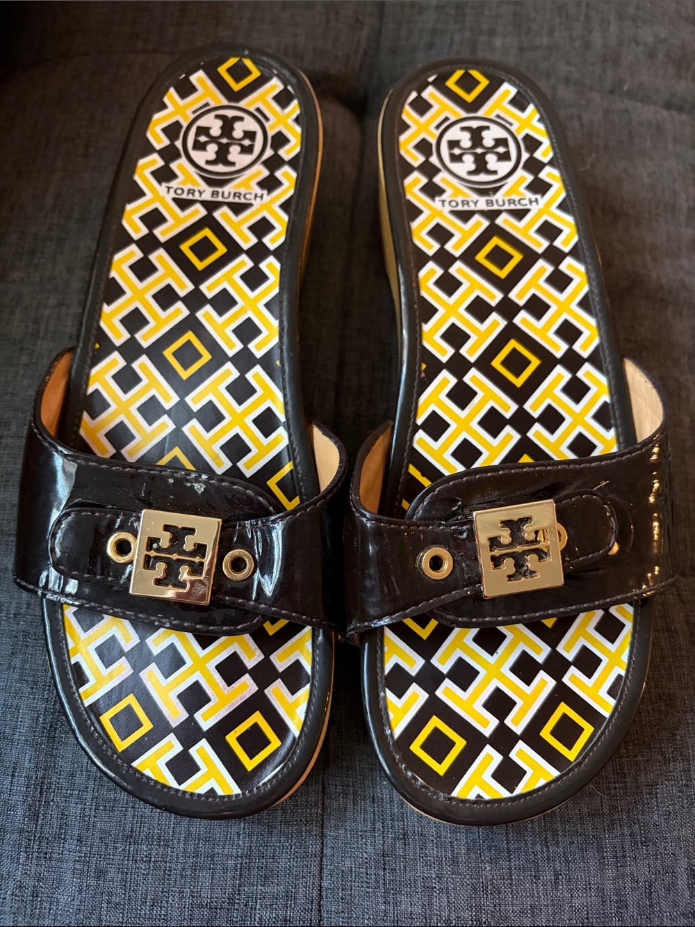 Tory Burch Black Patent Slide Sandals with Yellow & White Geometric Insole